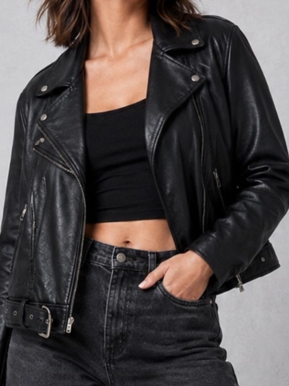 Elodie Black Faux Leather Belted Moto Biker Jacket Women’s L Y2K Grunge